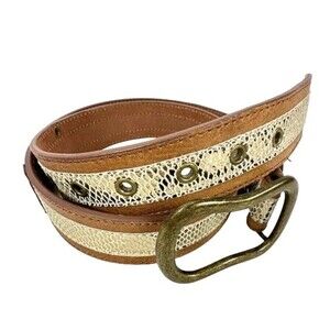 Chico's Shiny Gold Faux Snakeskin Brown Leather Belt Antique Brass Hook Buckle